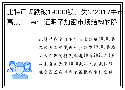 比特币闪跌破19000镁，失守2017牛市高点！Fed  证明了加密市场结构的脆弱性